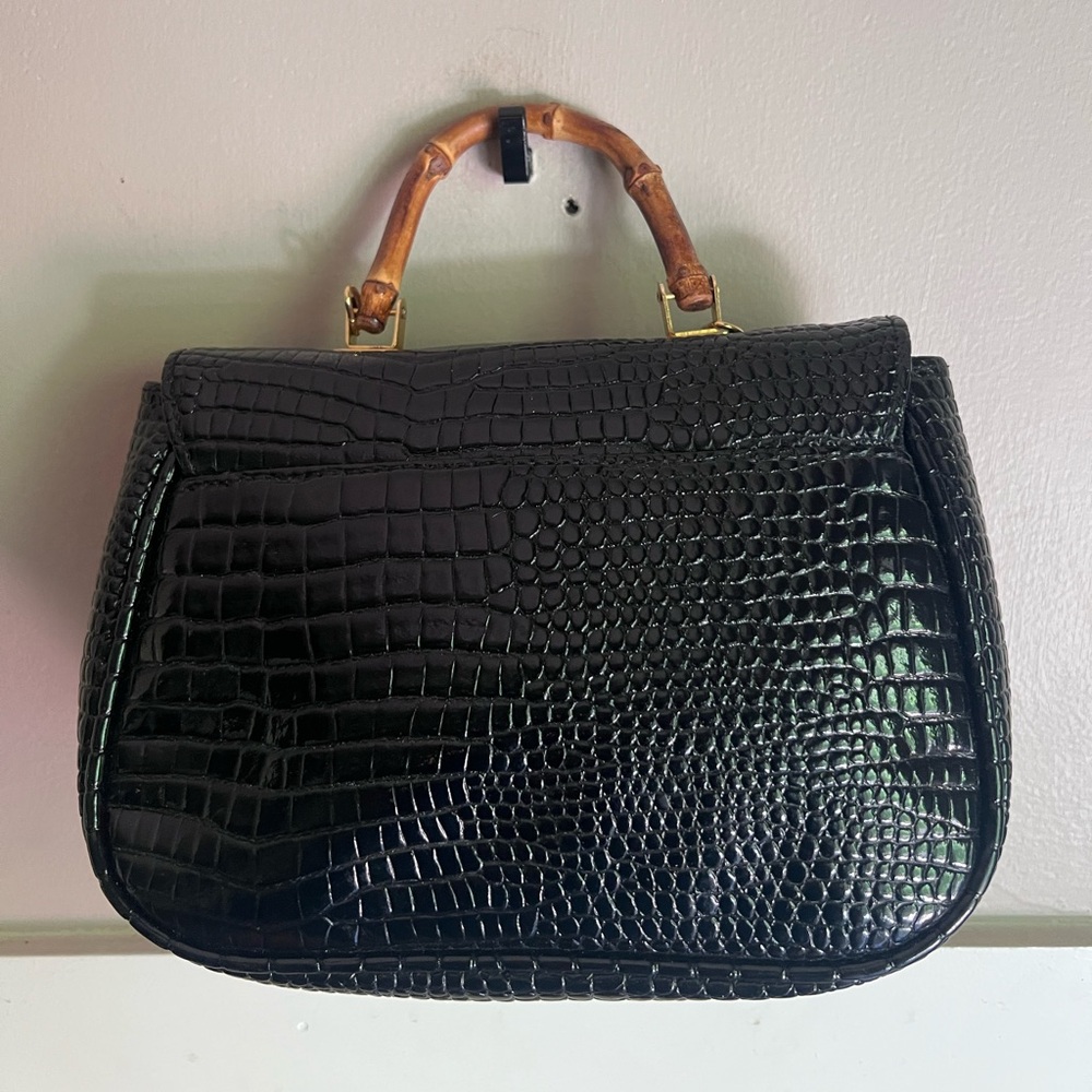 Hillard & Hanson Black Croc-Embossed Satchel with Bamboo Handle - Picture 2 of 3